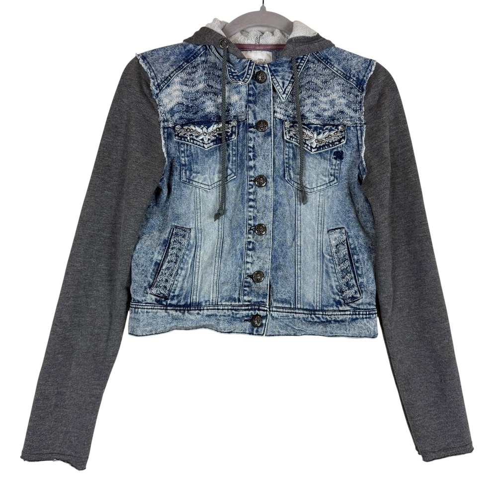 Miss Me Jacket Juniors S Blue Denim Hooded Knit Sleeves Rhinestone Studded